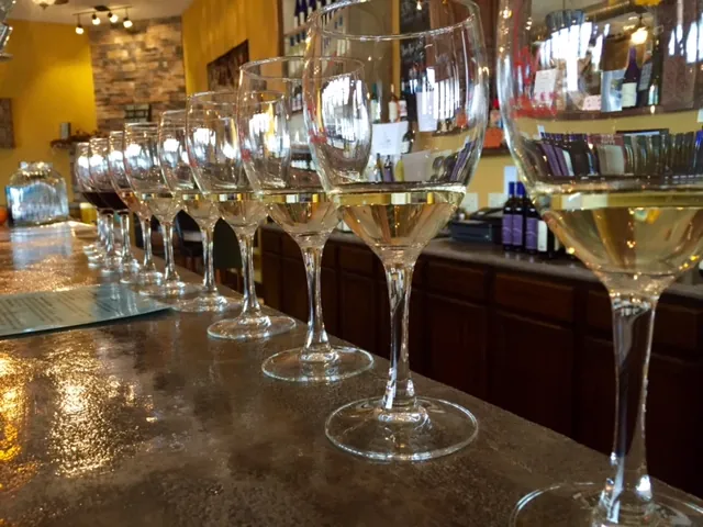 A row of white wine glasses on a tasting bar
